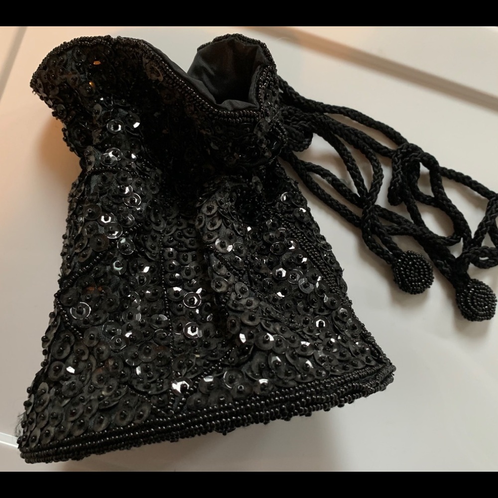 Beaded Drawstring Clutch - Black